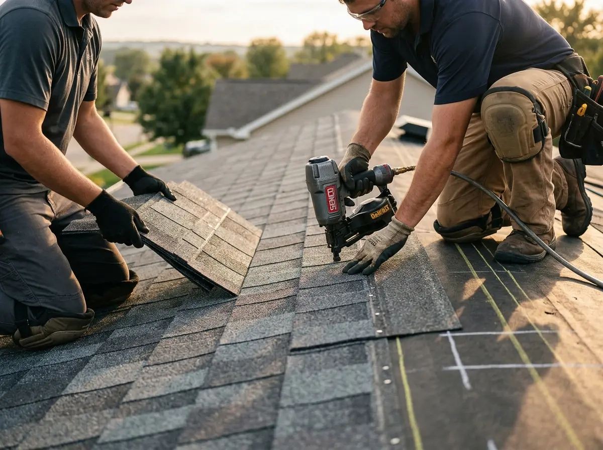Professional roofer working on a residential roof in Little Ferry